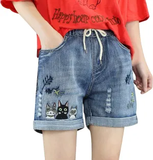 Jean Shorts Womens Elastic High Waisted Denim Bermuda Shorts Baggy Plus Size Embroidery Long Jeans Jorts with Pocket
