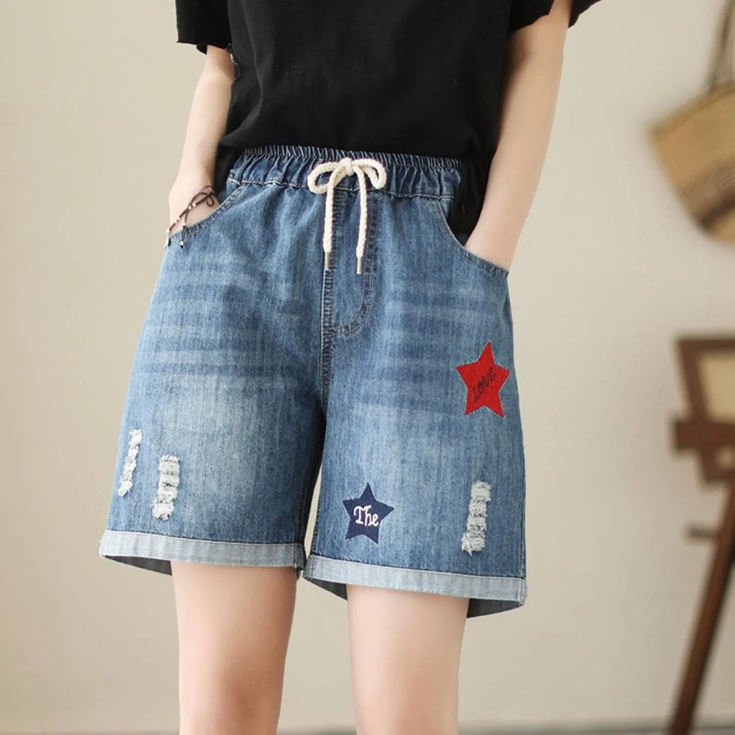 Jean Shorts Womens Elastic High Waisted Denim Bermuda Shorts Baggy Plus Size Embroidery Long Jeans Jorts with Pocket