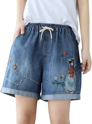 Jean Shorts Womens Elastic High Waisted Denim Bermuda Shorts Baggy Plus Size Embroidery Long Jeans Jorts with Pocket