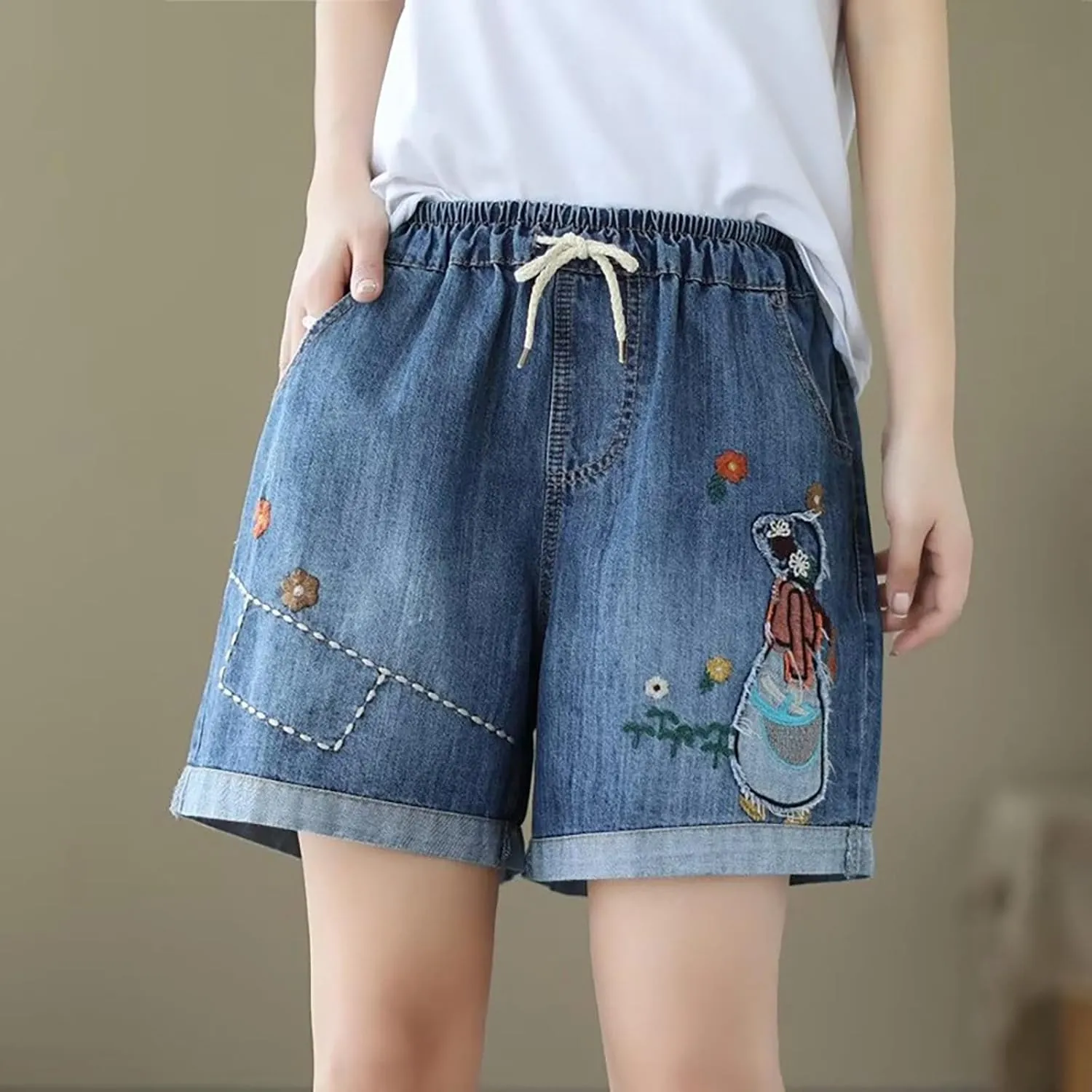Jean Shorts Womens Elastic High Waisted Denim Bermuda Shorts Baggy Plus Size Embroidery Long Jeans Jorts with Pocket