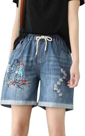 Jean Shorts Womens Elastic High Waisted Denim Bermuda Shorts Baggy Plus Size Embroidery Long Jeans Jorts with Pocket