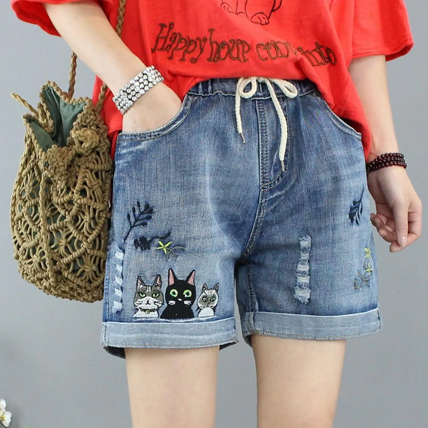 Jean Shorts Womens Elastic High Waisted Denim Bermuda Shorts Baggy Plus Size Embroidery Long Jeans Jorts with Pocket
