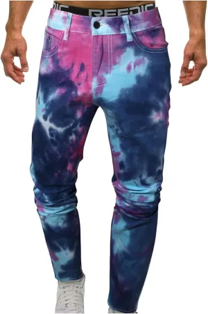Jeans for Men Straight Fit Loose Tie Dye Jeans Loose Comfortable Flexible Denim Pants Hip Hop Streetwear