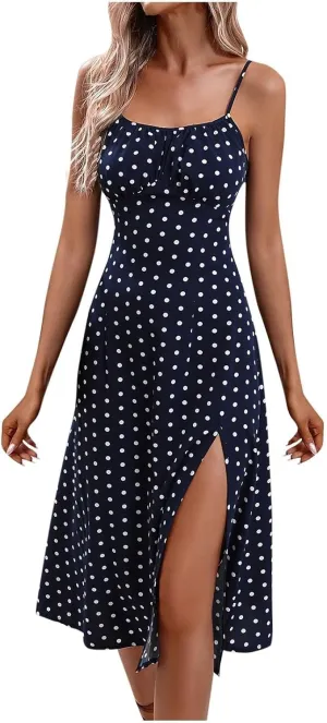 JJHAEVDY Women Summer Dresses Polka Dot Sundresses Spaghetti Strap Dresses Slim Fit Side Slit Midi Dress A Line Beach Dress