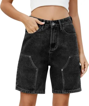 Jorts Women Baggy Mid Thigh Cargo Jean Shorts Wide Leg Denim Bermuda Shorts Knee Length Trendy High Waisted Jeans