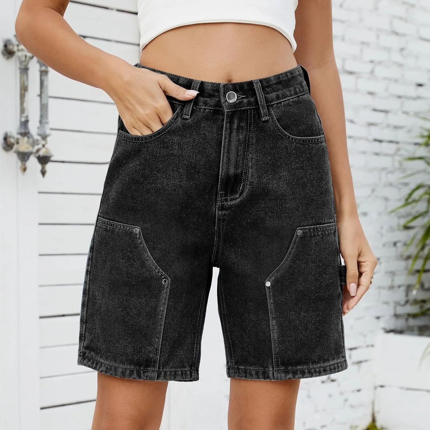 Jorts Women Baggy Mid Thigh Cargo Jean Shorts Wide Leg Denim Bermuda Shorts Knee Length Trendy High Waisted Jeans