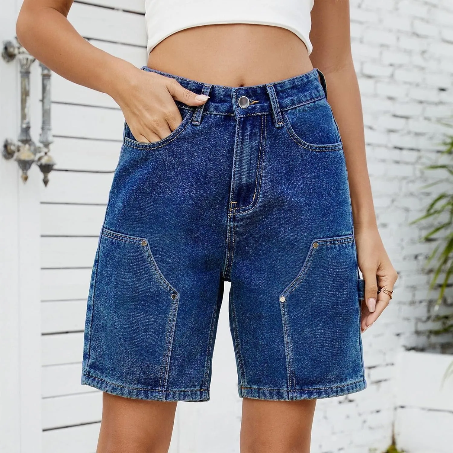 Jorts Women Baggy Mid Thigh Cargo Jean Shorts Wide Leg Denim Bermuda Shorts Knee Length Trendy High Waisted Jeans