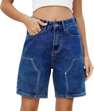 Jorts Women Baggy Mid Thigh Cargo Jean Shorts Wide Leg Denim Bermuda Shorts Knee Length Trendy High Waisted Jeans