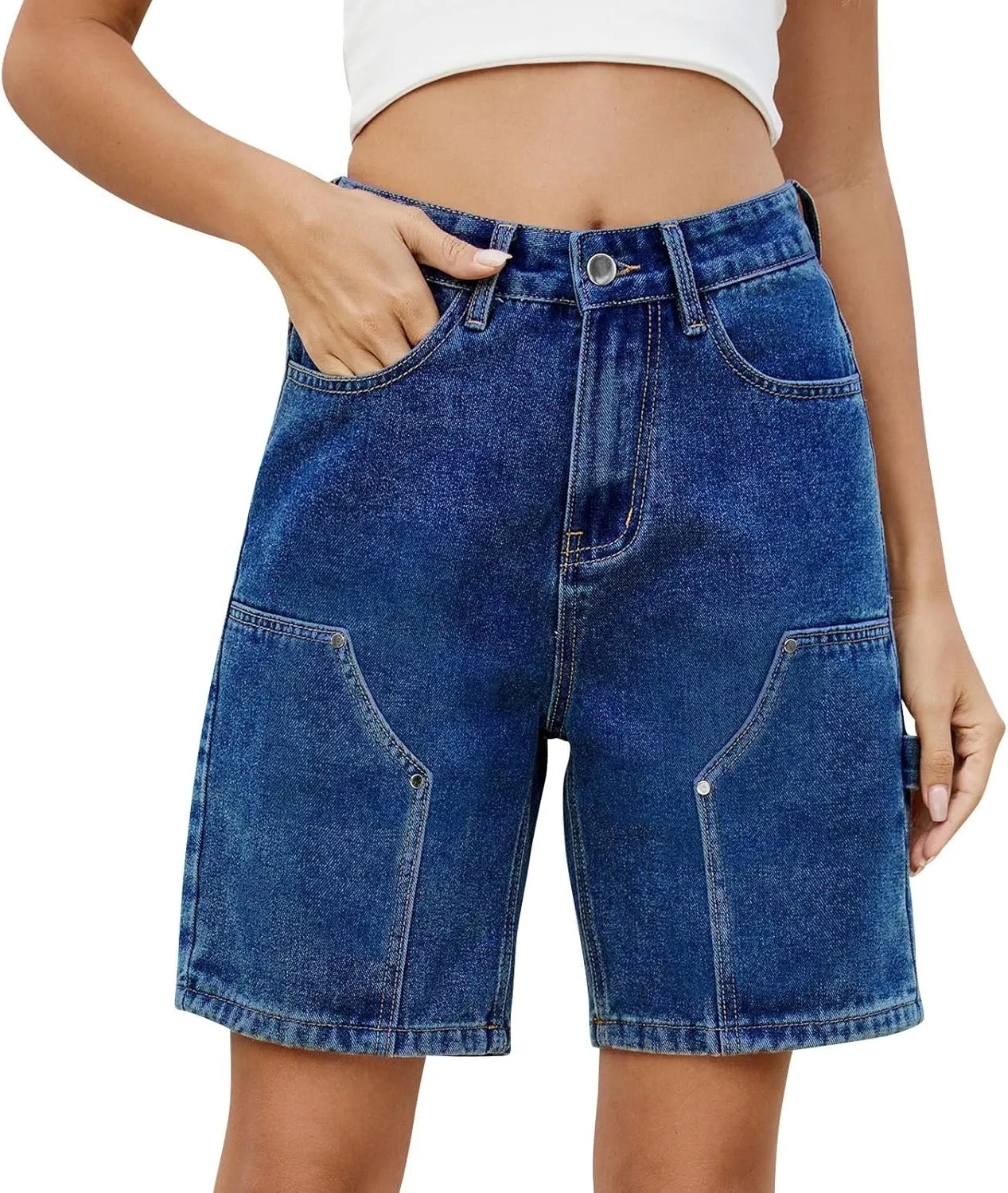 Jorts Women Baggy Mid Thigh Cargo Jean Shorts Wide Leg Denim Bermuda Shorts Knee Length Trendy High Waisted Jeans