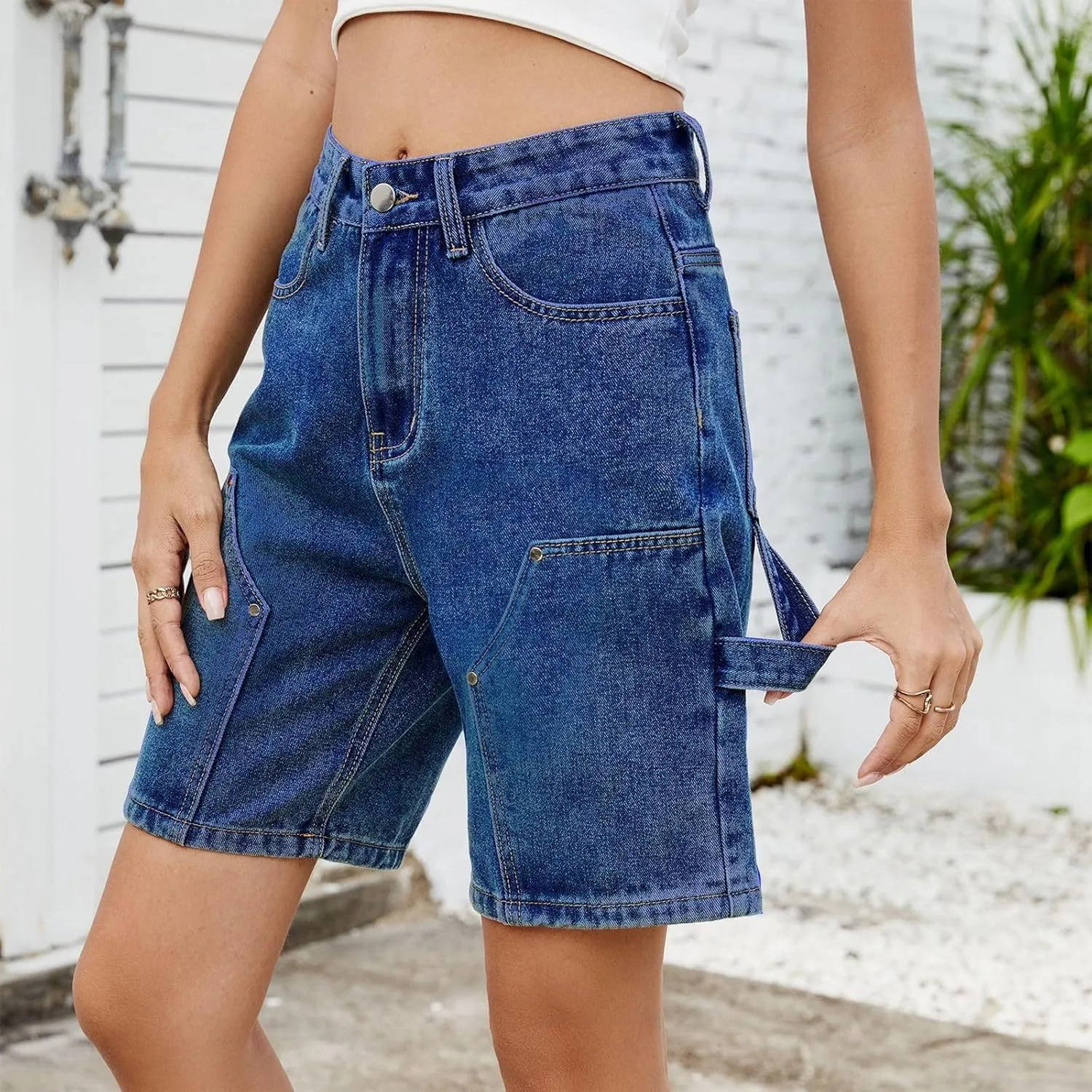 Jorts Women Baggy Mid Thigh Cargo Jean Shorts Wide Leg Denim Bermuda Shorts Knee Length Trendy High Waisted Jeans