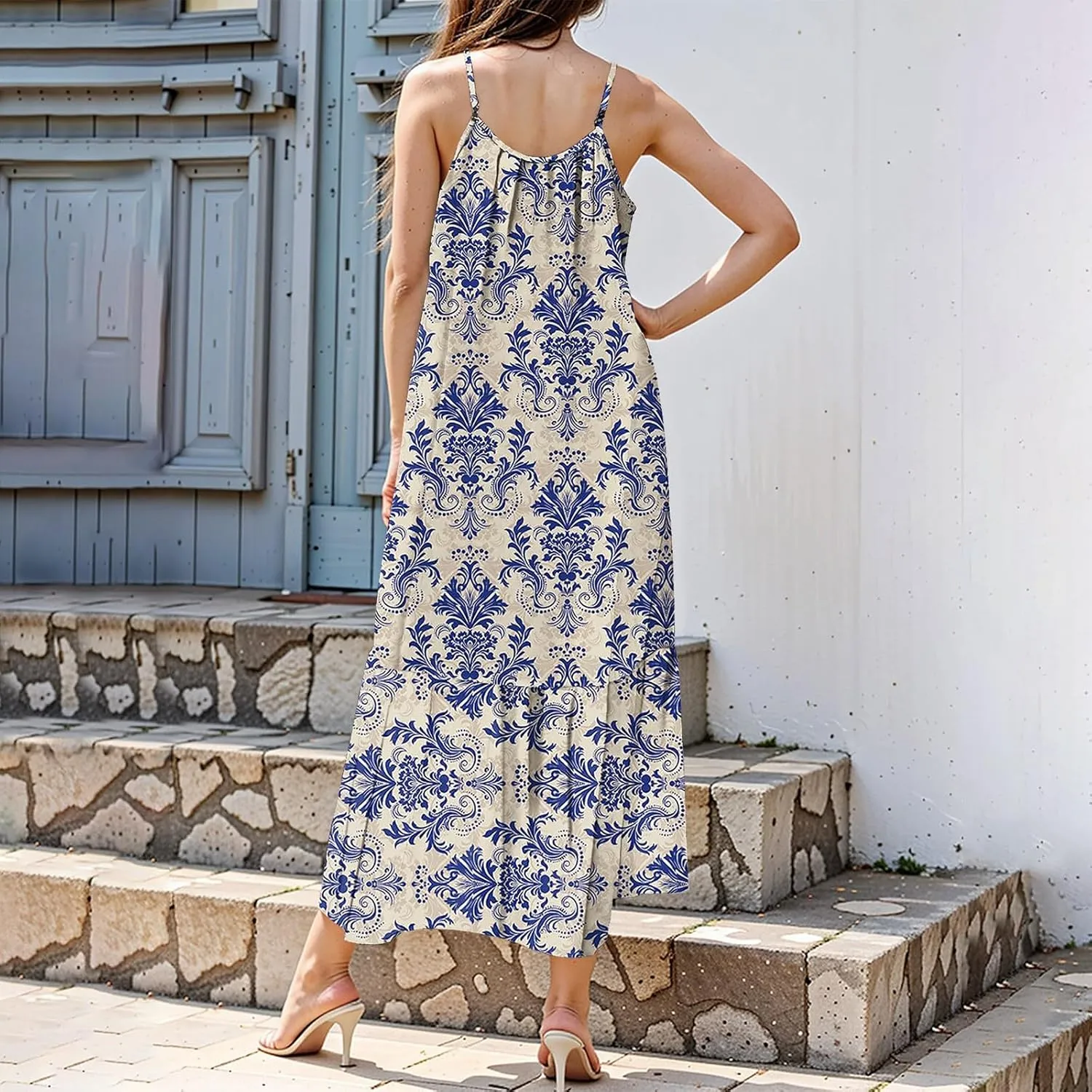 Kenvina Women Summer Dresses Spaghetti Strap Scoop Neck Smocked Ruffle Flowy Maxi Dress Sleeveless Beach Vacation Sundress