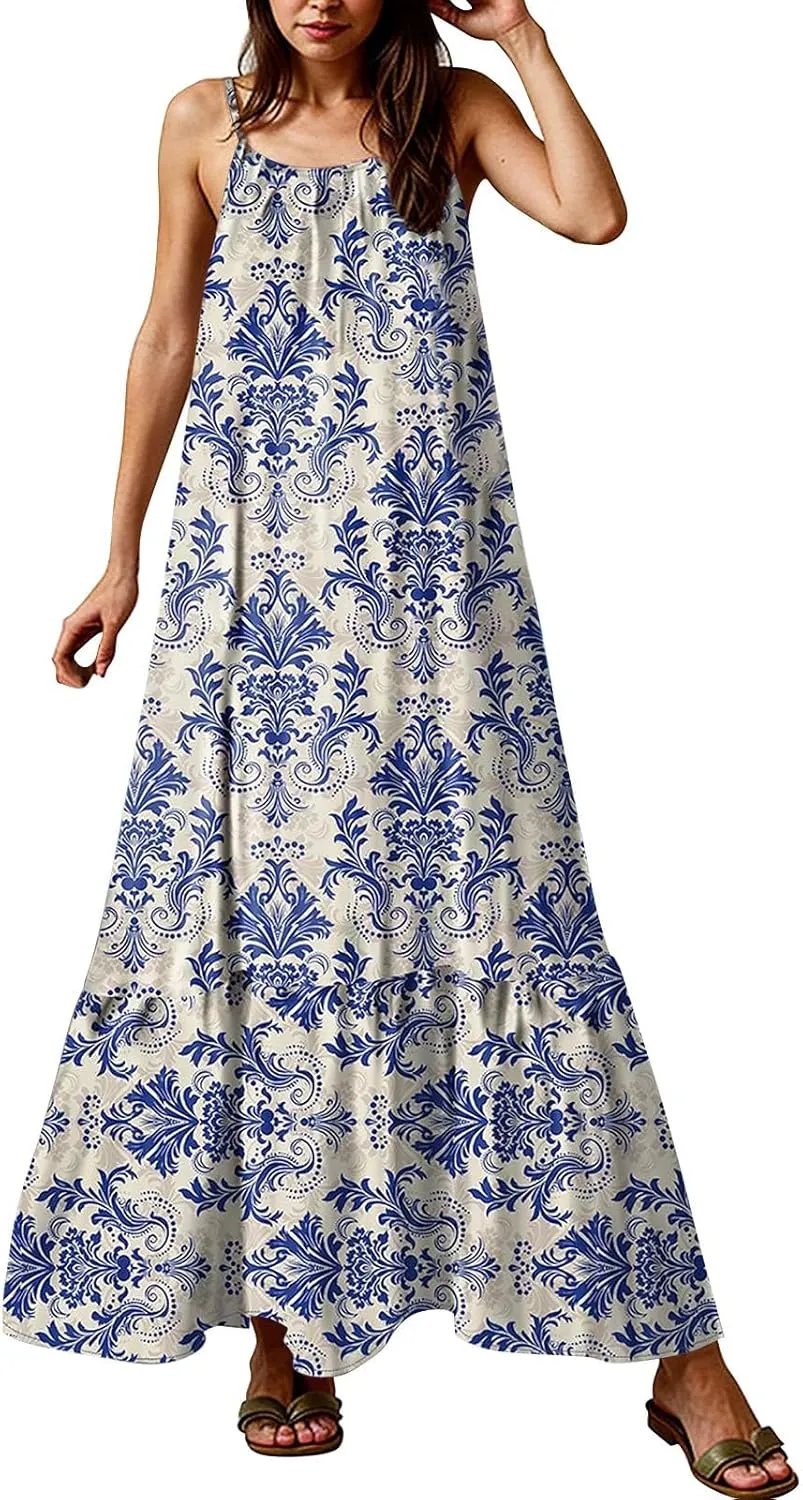 Kenvina Women Summer Dresses Spaghetti Strap Scoop Neck Smocked Ruffle Flowy Maxi Dress Sleeveless Beach Vacation Sundress