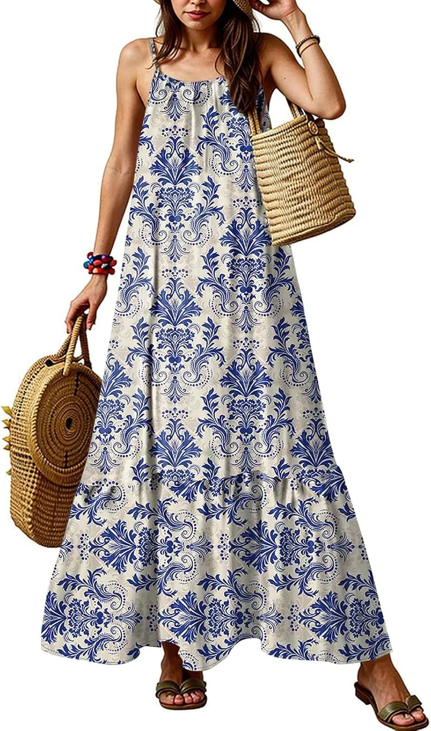 Kenvina Women Summer Dresses Spaghetti Strap Scoop Neck Smocked Ruffle Flowy Maxi Dress Sleeveless Beach Vacation Sundress