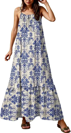Kenvina Women Summer Dresses Spaghetti Strap Scoop Neck Smocked Ruffle Flowy Maxi Dress Sleeveless Beach Vacation Sundress