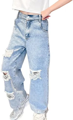 Kids Girls' Casual Wide Leg Baggy Ripped Jeans Cool Loose Fit Distressed Denim Pants Size 5-14 Years