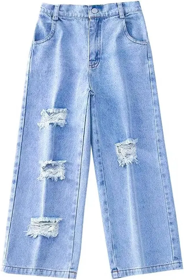 Kids Girls' Casual Wide Leg Baggy Ripped Jeans Cool Loose Fit Distressed Denim Pants Size 5-14 Years