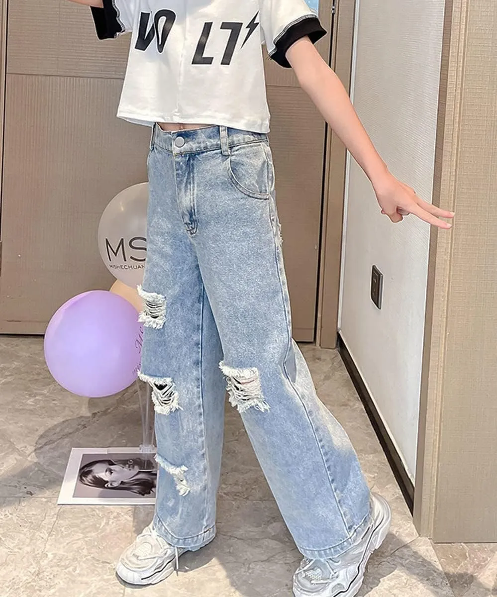 Kids Girls' Casual Wide Leg Baggy Ripped Jeans Cool Loose Fit Distressed Denim Pants Size 5-14 Years