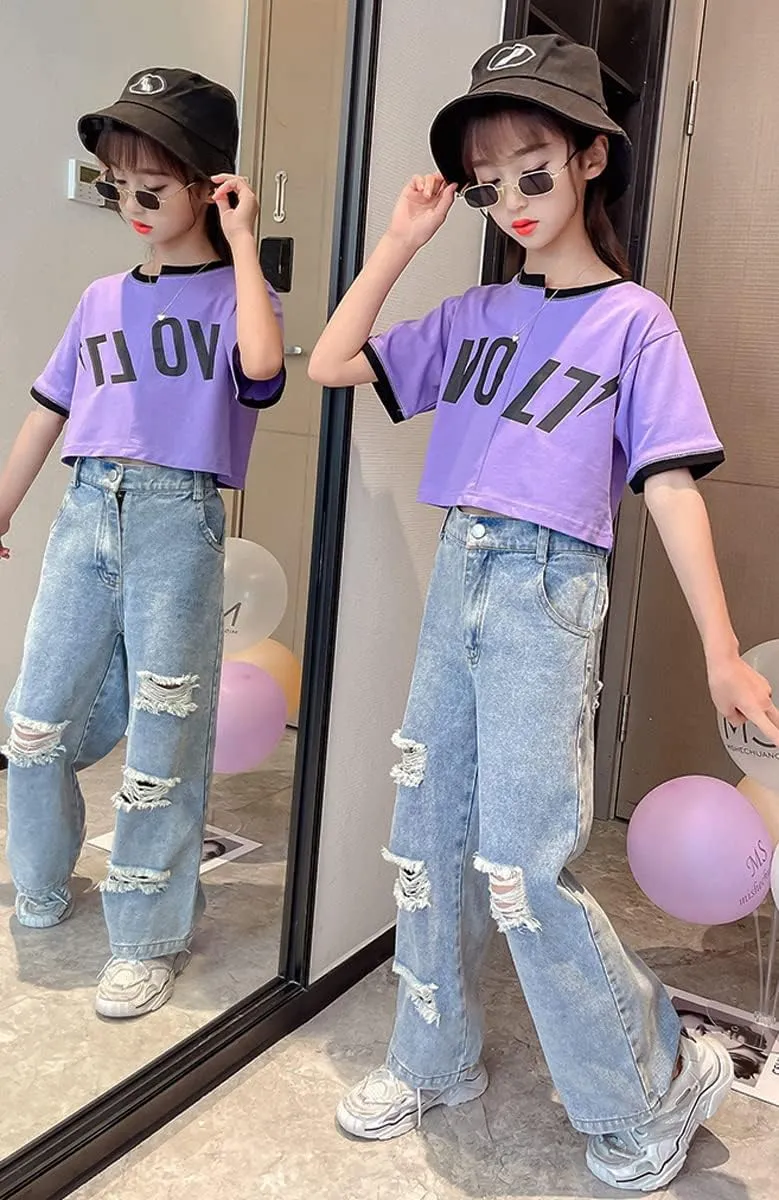 Kids Girls' Casual Wide Leg Baggy Ripped Jeans Cool Loose Fit Distressed Denim Pants Size 5-14 Years