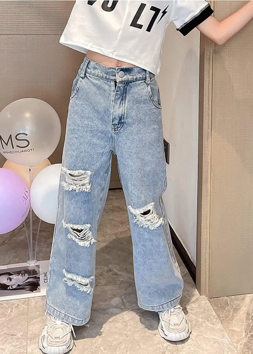 Kids Girls' Casual Wide Leg Baggy Ripped Jeans Cool Loose Fit Distressed Denim Pants Size 5-14 Years