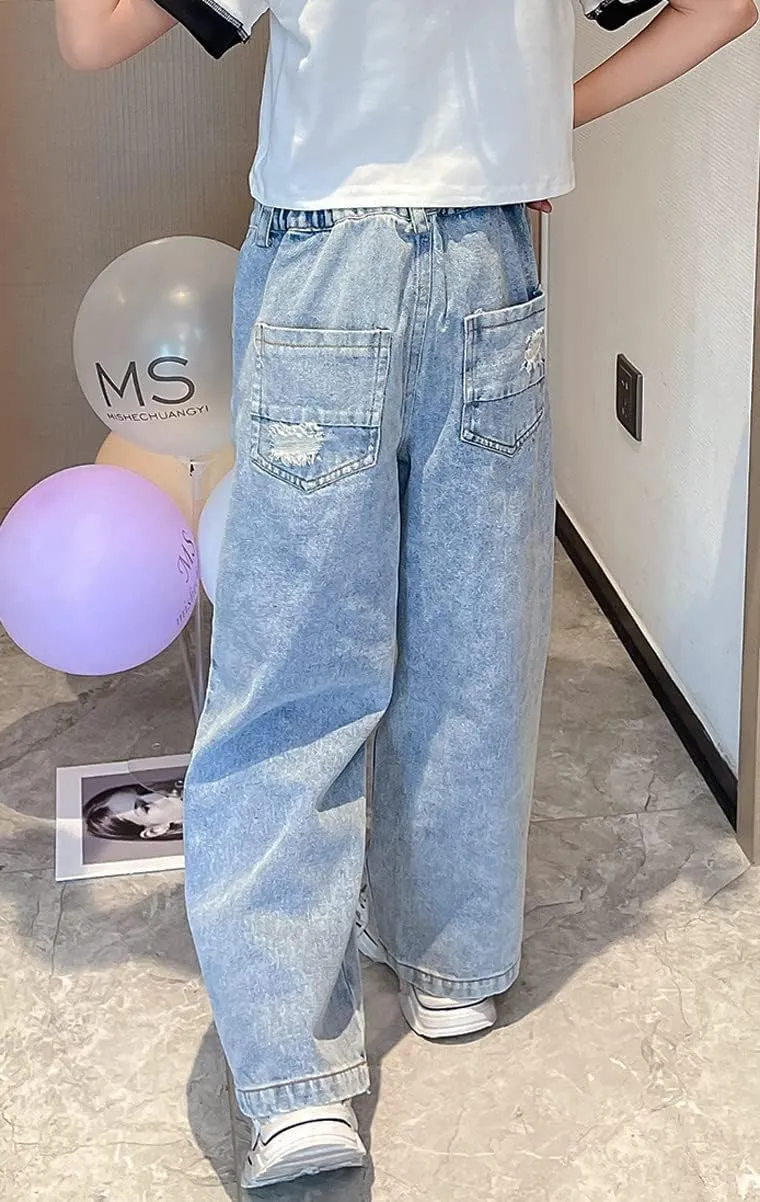 Kids Girls' Casual Wide Leg Baggy Ripped Jeans Cool Loose Fit Distressed Denim Pants Size 5-14 Years