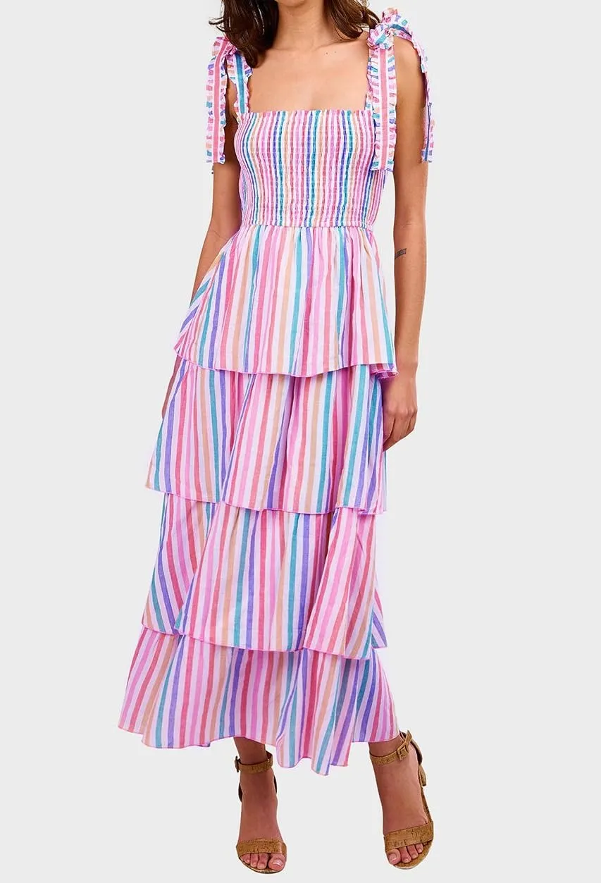 KMBANGI Women Boho Tie Shoulder Dress Graffiti Floral Smocked Tiered Long Dress Ruffle Flowy Beach Vacation Sundress