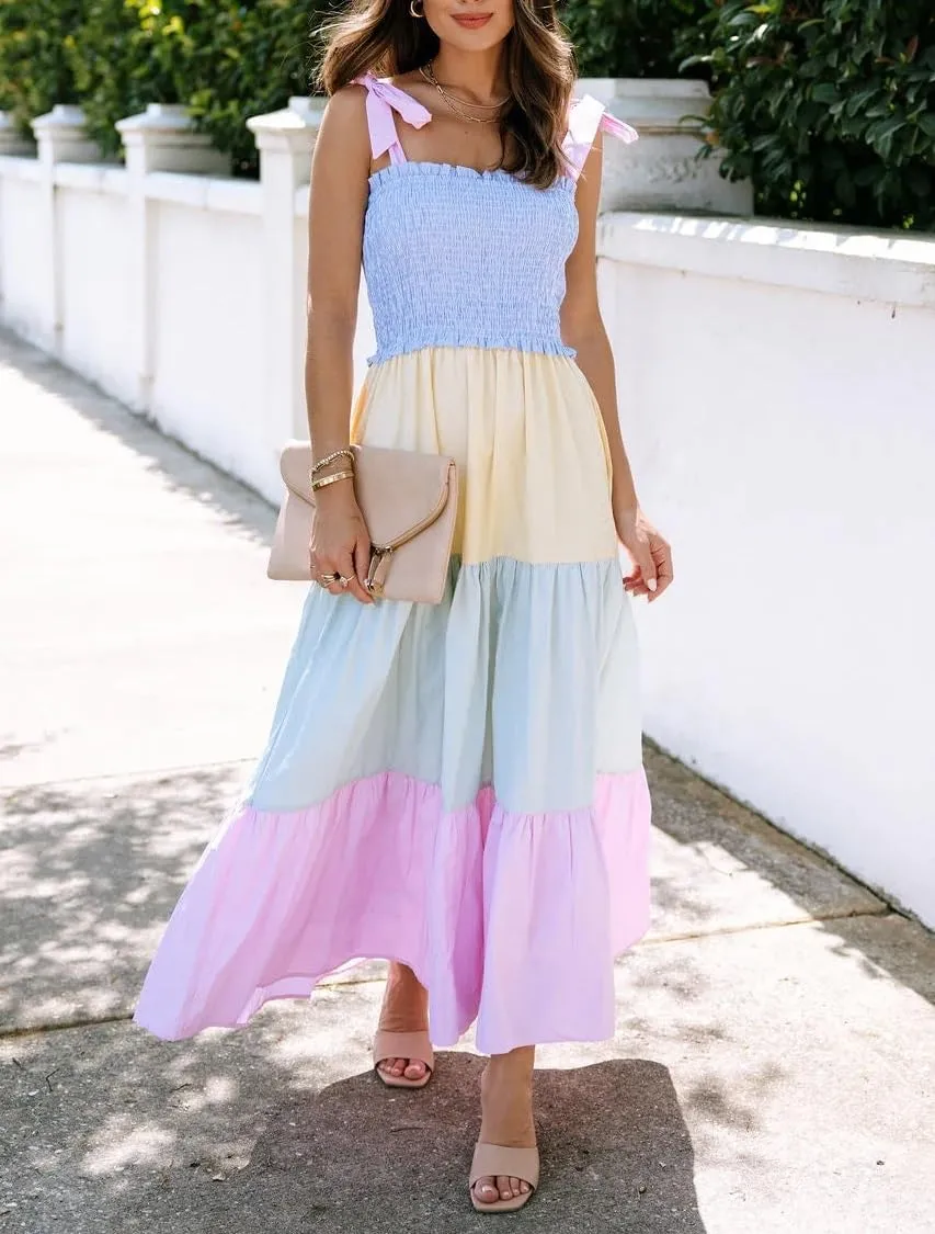 KMBANGI Women Boho Tie Shoulder Dress Graffiti Floral Smocked Tiered Long Dress Ruffle Flowy Beach Vacation Sundress