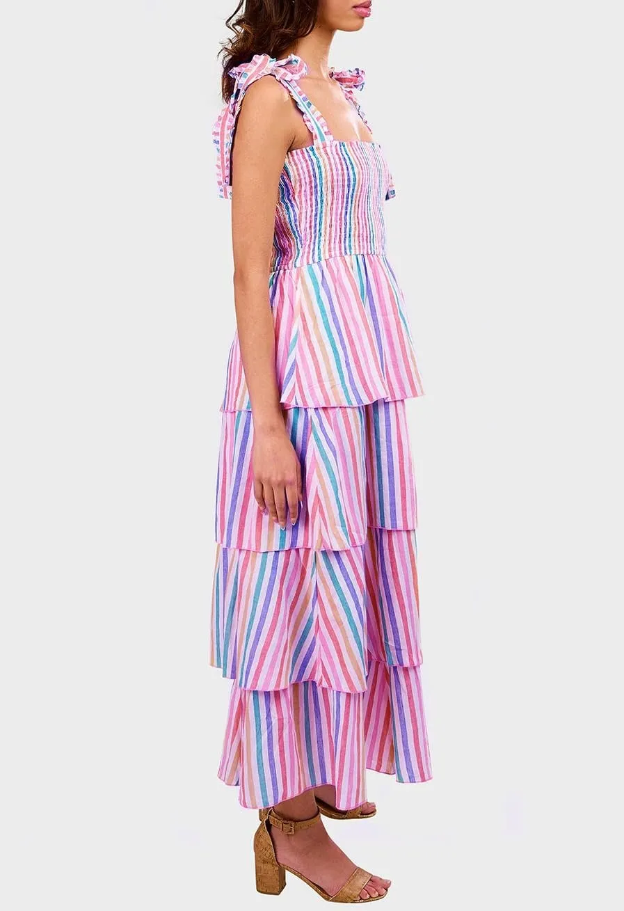 KMBANGI Women Boho Tie Shoulder Dress Graffiti Floral Smocked Tiered Long Dress Ruffle Flowy Beach Vacation Sundress