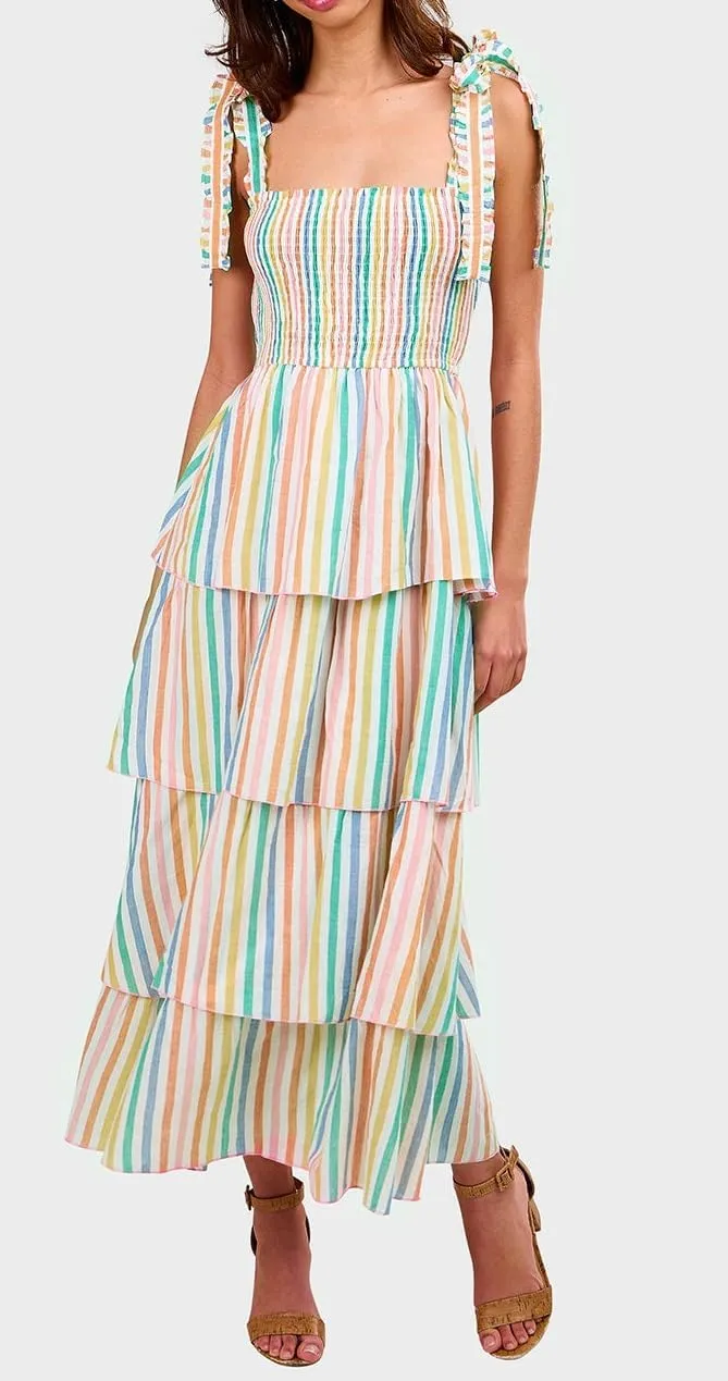 KMBANGI Women Boho Tie Shoulder Dress Graffiti Floral Smocked Tiered Long Dress Ruffle Flowy Beach Vacation Sundress