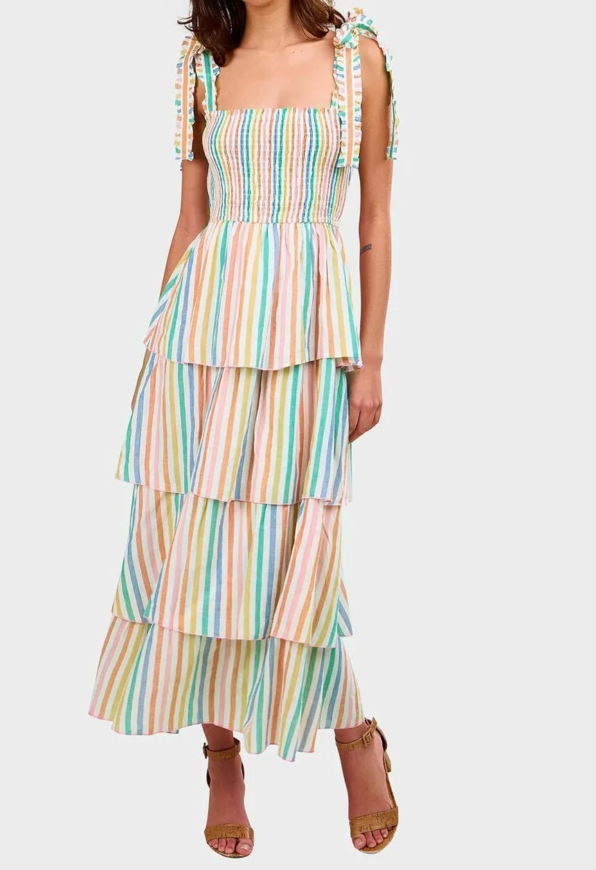 KMBANGI Women Boho Tie Shoulder Dress Graffiti Floral Smocked Tiered Long Dress Ruffle Flowy Beach Vacation Sundress