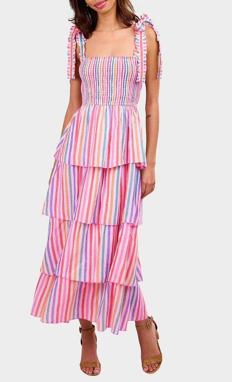 KMBANGI Women Boho Tie Shoulder Dress Graffiti Floral Smocked Tiered Long Dress Ruffle Flowy Beach Vacation Sundress