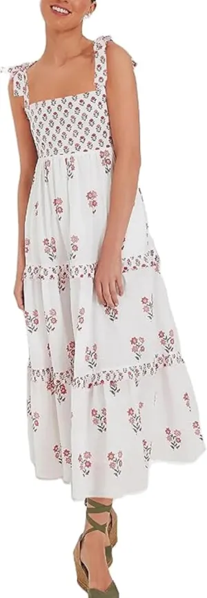 KMBANGI Women Boho Tie Shoulder Dress Graffiti Floral Smocked Tiered Long Dress Ruffle Flowy Beach Vacation Sundress