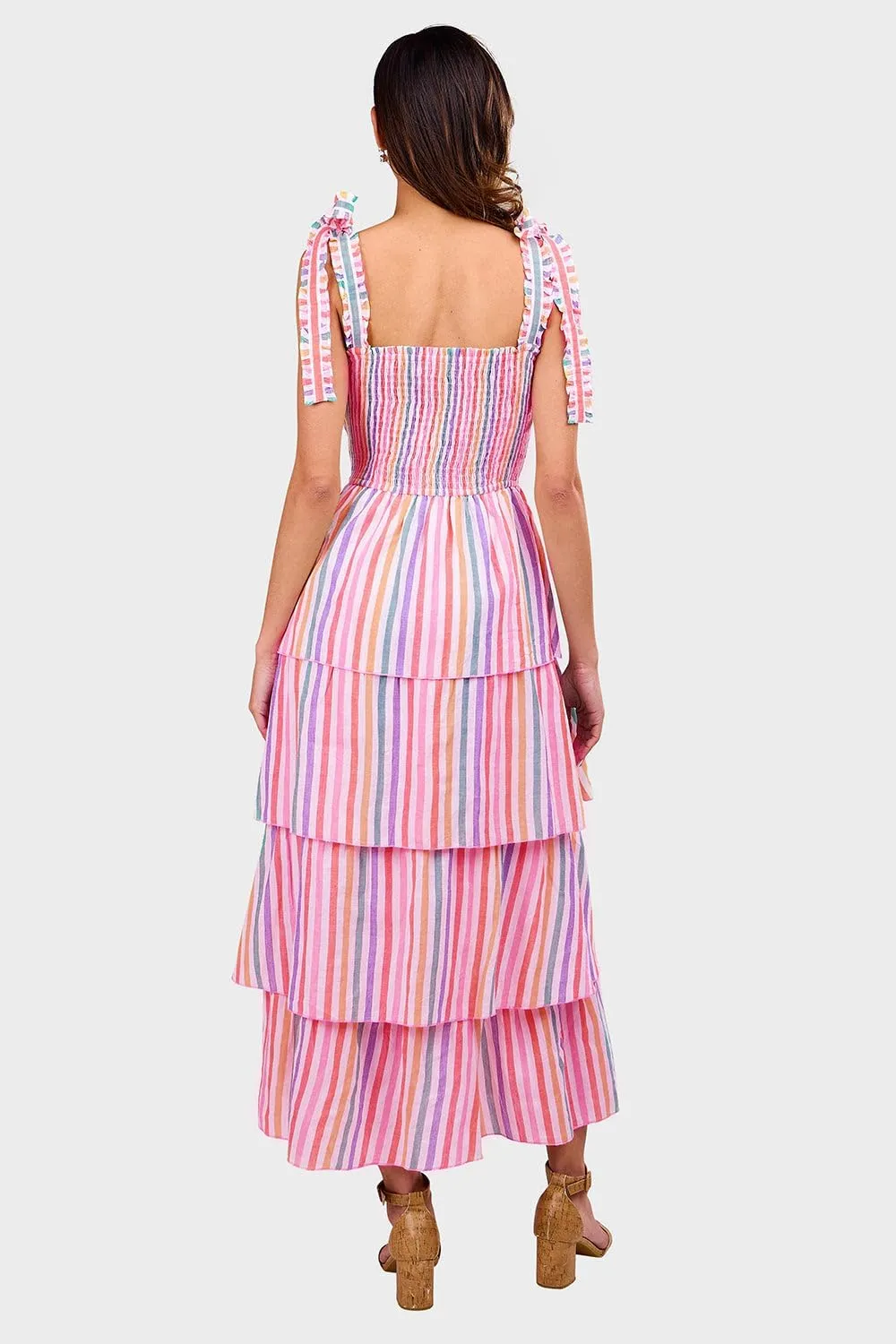 KMBANGI Women Boho Tie Shoulder Dress Graffiti Floral Smocked Tiered Long Dress Ruffle Flowy Beach Vacation Sundress
