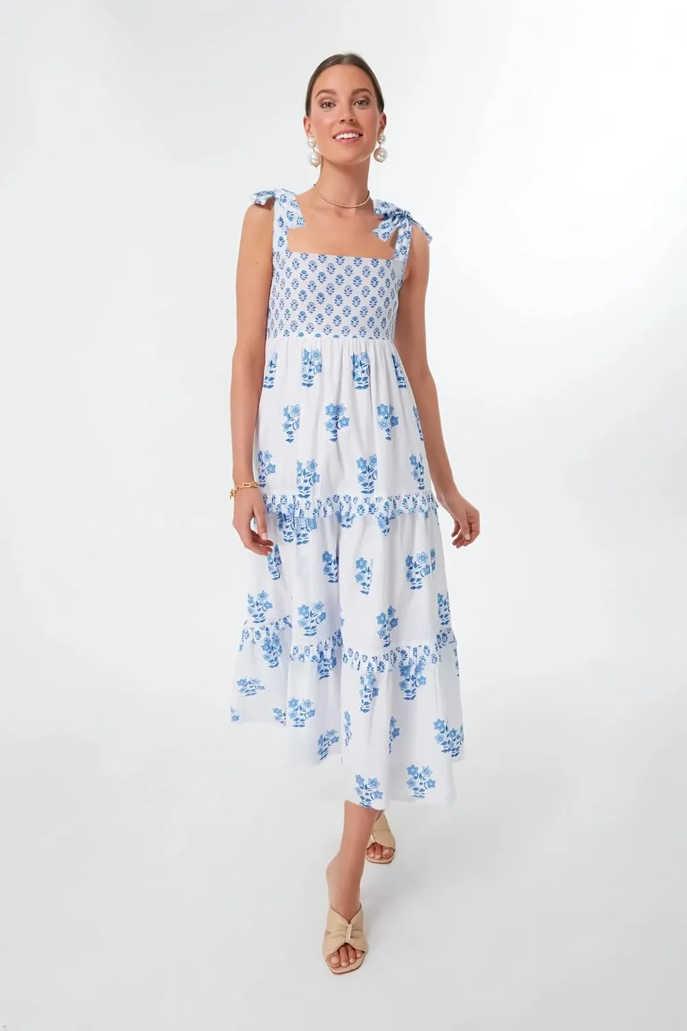 KMBANGI Women Boho Tie Shoulder Dress Graffiti Floral Smocked Tiered Long Dress Ruffle Flowy Beach Vacation Sundress