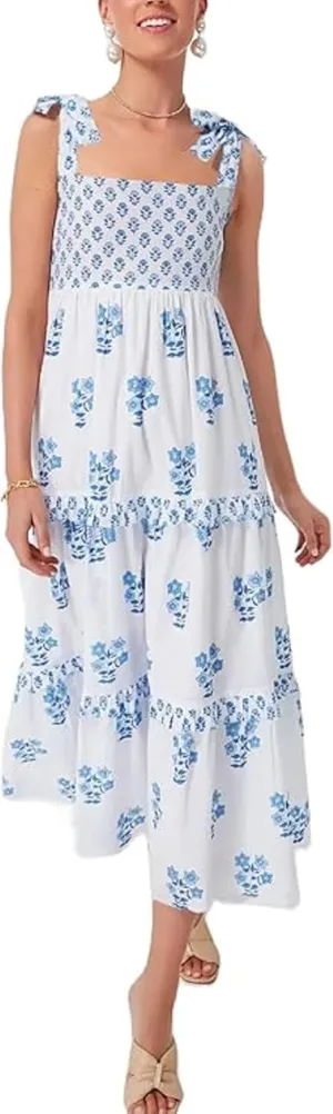 KMBANGI Women Boho Tie Shoulder Dress Graffiti Floral Smocked Tiered Long Dress Ruffle Flowy Beach Vacation Sundress