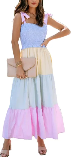 KMBANGI Women Boho Tie Shoulder Dress Graffiti Floral Smocked Tiered Long Dress Ruffle Flowy Beach Vacation Sundress