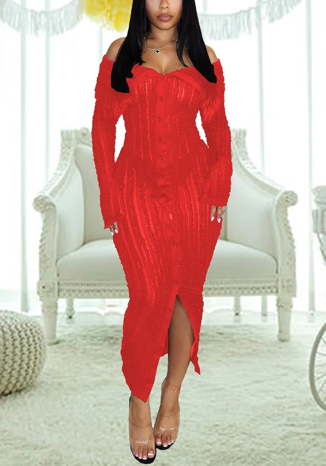 LETSVDO Women's Maxi Off Shoulder Dress Long Sleeve Button Down Ruffle Mesh Bodycon Sexy Dresses Stretchy