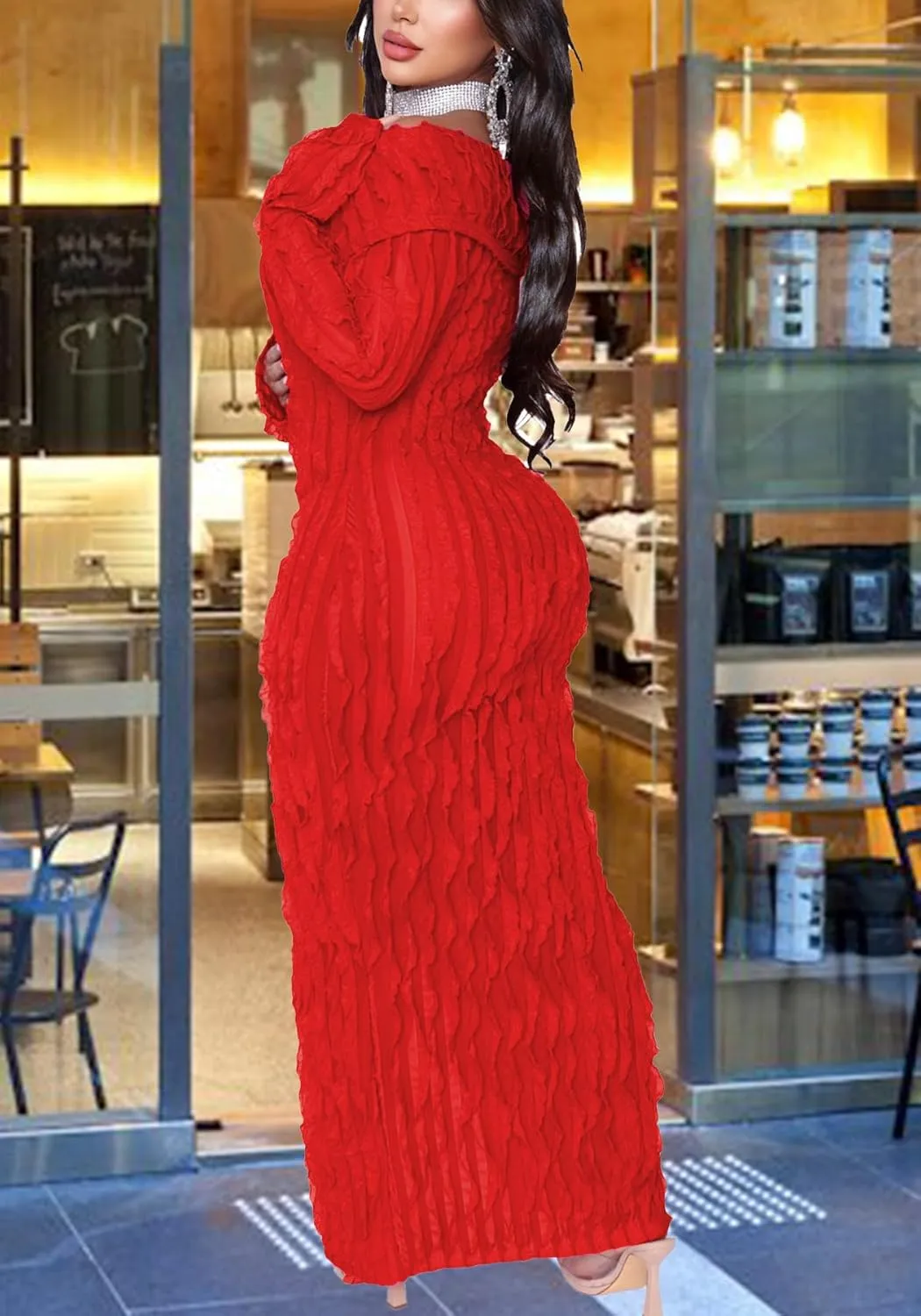 LETSVDO Women's Maxi Off Shoulder Dress Long Sleeve Button Down Ruffle Mesh Bodycon Sexy Dresses Stretchy
