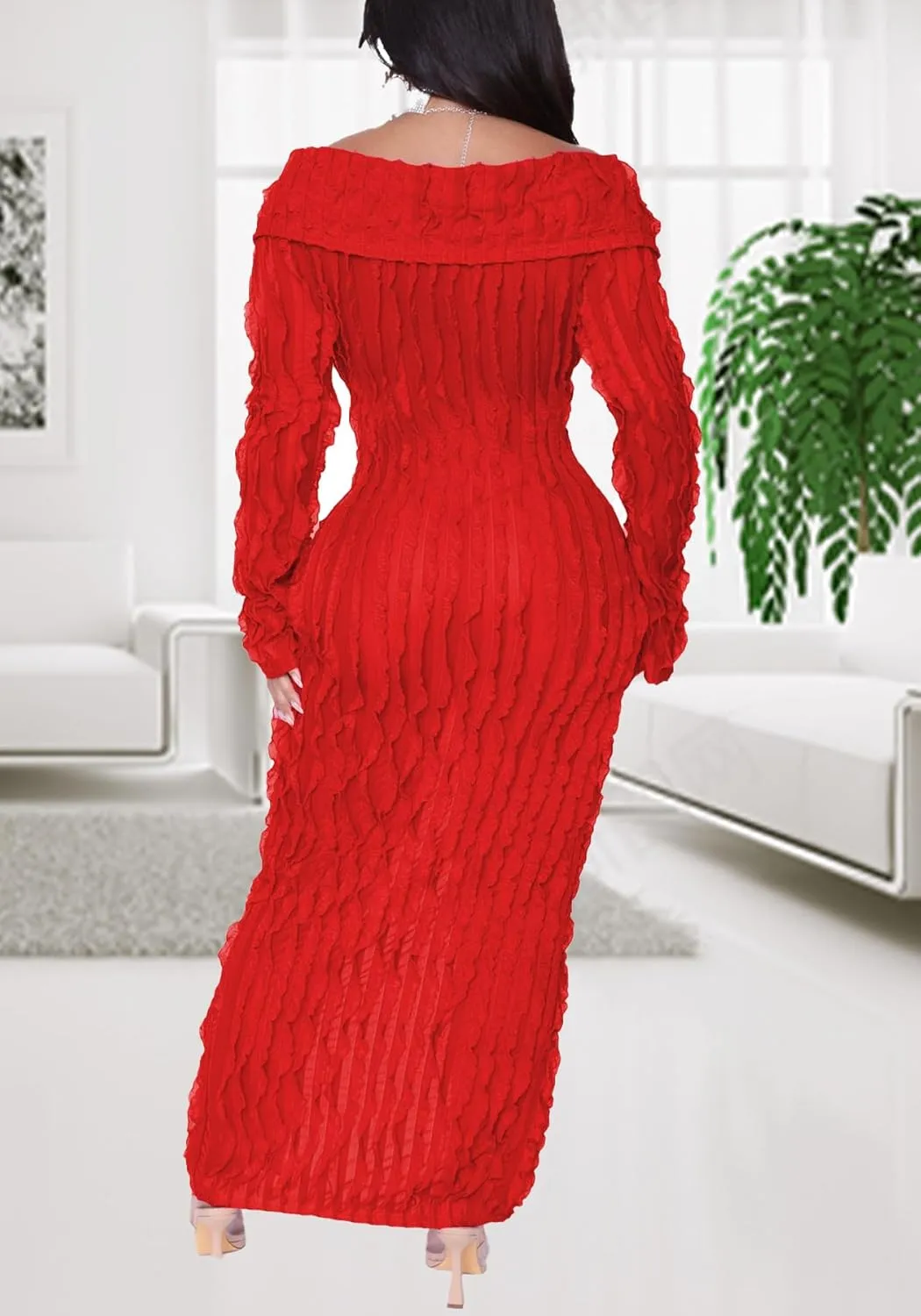 LETSVDO Women's Maxi Off Shoulder Dress Long Sleeve Button Down Ruffle Mesh Bodycon Sexy Dresses Stretchy