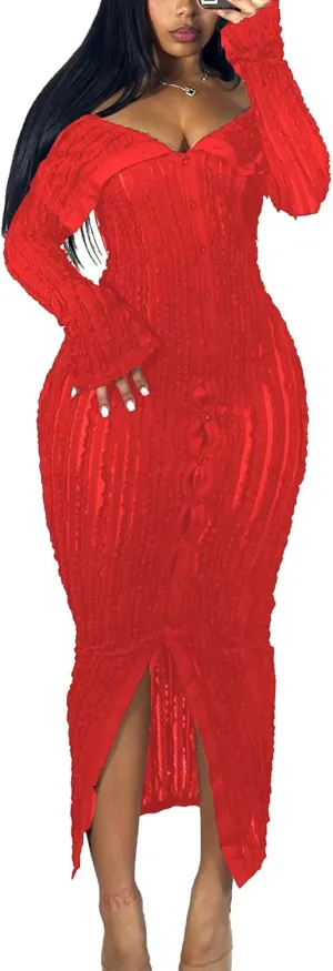 LETSVDO Women's Maxi Off Shoulder Dress Long Sleeve Button Down Ruffle Mesh Bodycon Sexy Dresses Stretchy