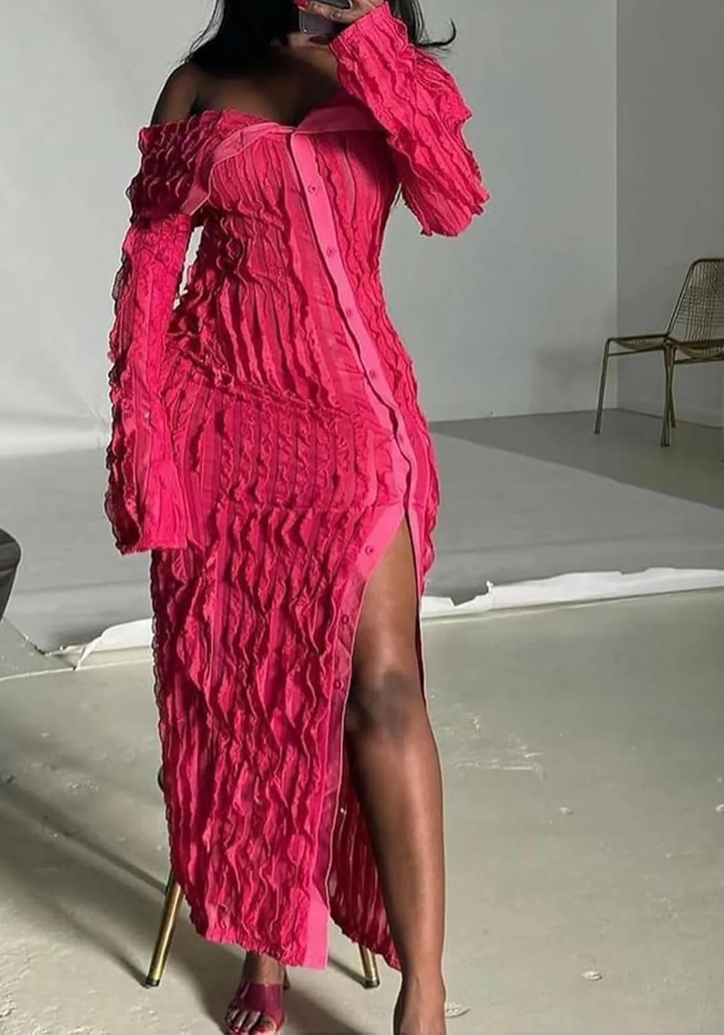LETSVDO Women's Maxi Off Shoulder Dress Long Sleeve Button Down Ruffle Mesh Bodycon Sexy Dresses Stretchy