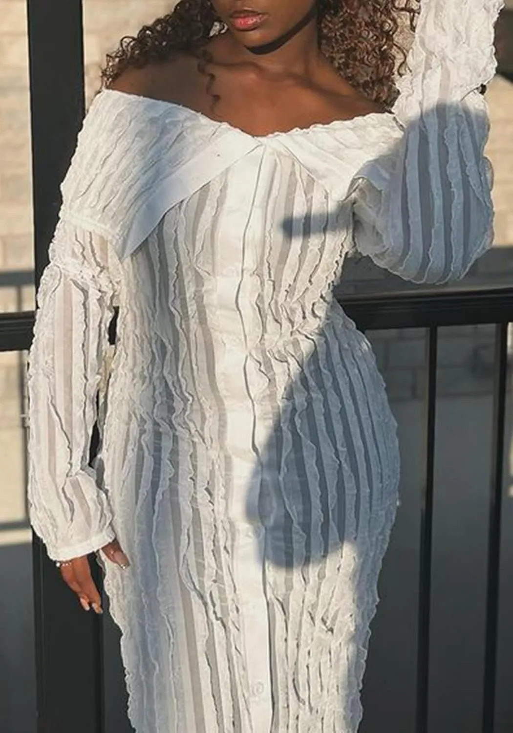 LETSVDO Women's Maxi Off Shoulder Dress Long Sleeve Button Down Ruffle Mesh Bodycon Sexy Dresses Stretchy