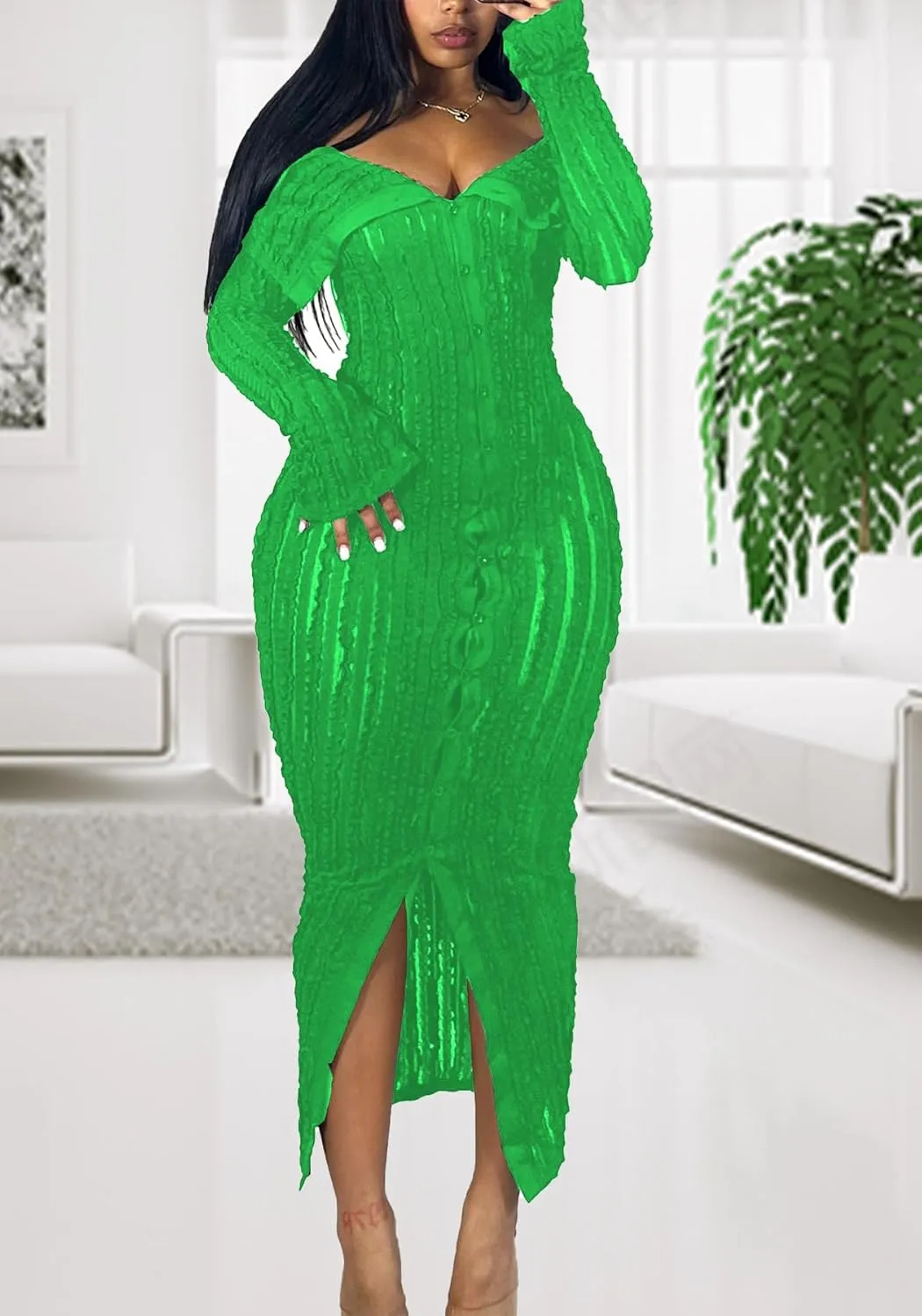 LETSVDO Women's Maxi Off Shoulder Dress Long Sleeve Button Down Ruffle Mesh Bodycon Sexy Dresses Stretchy