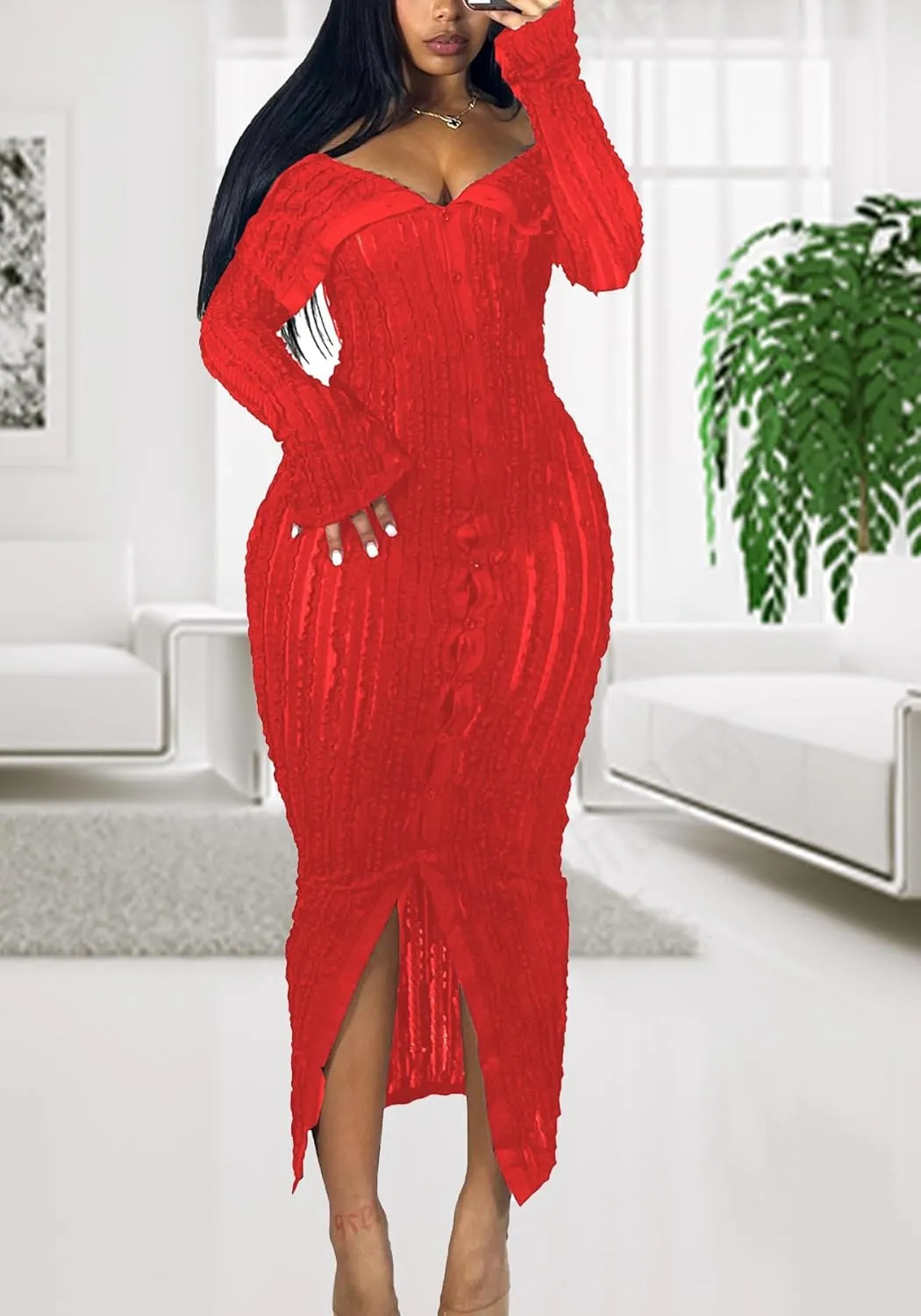 LETSVDO Women's Maxi Off Shoulder Dress Long Sleeve Button Down Ruffle Mesh Bodycon Sexy Dresses Stretchy