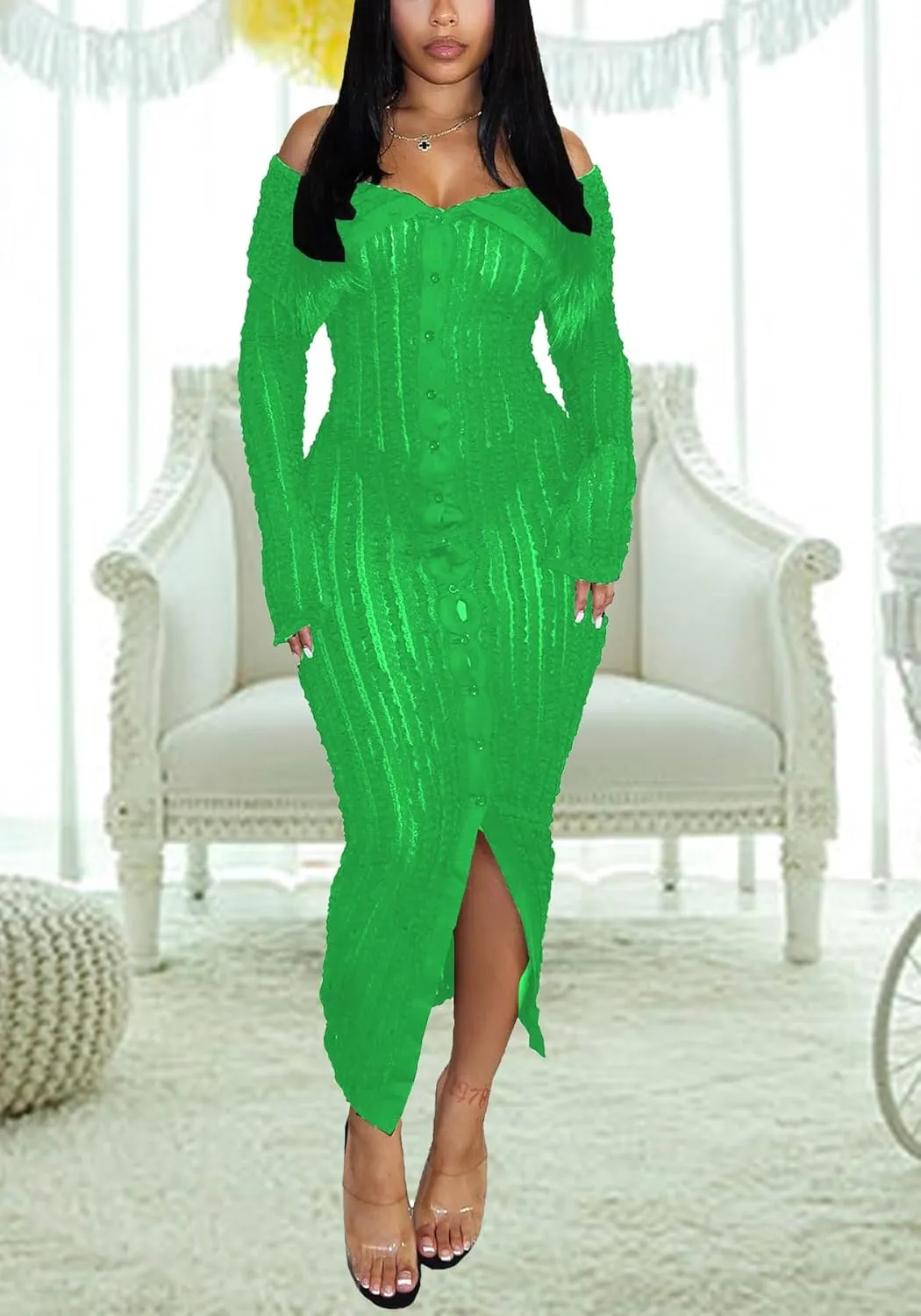 LETSVDO Women's Maxi Off Shoulder Dress Long Sleeve Button Down Ruffle Mesh Bodycon Sexy Dresses Stretchy