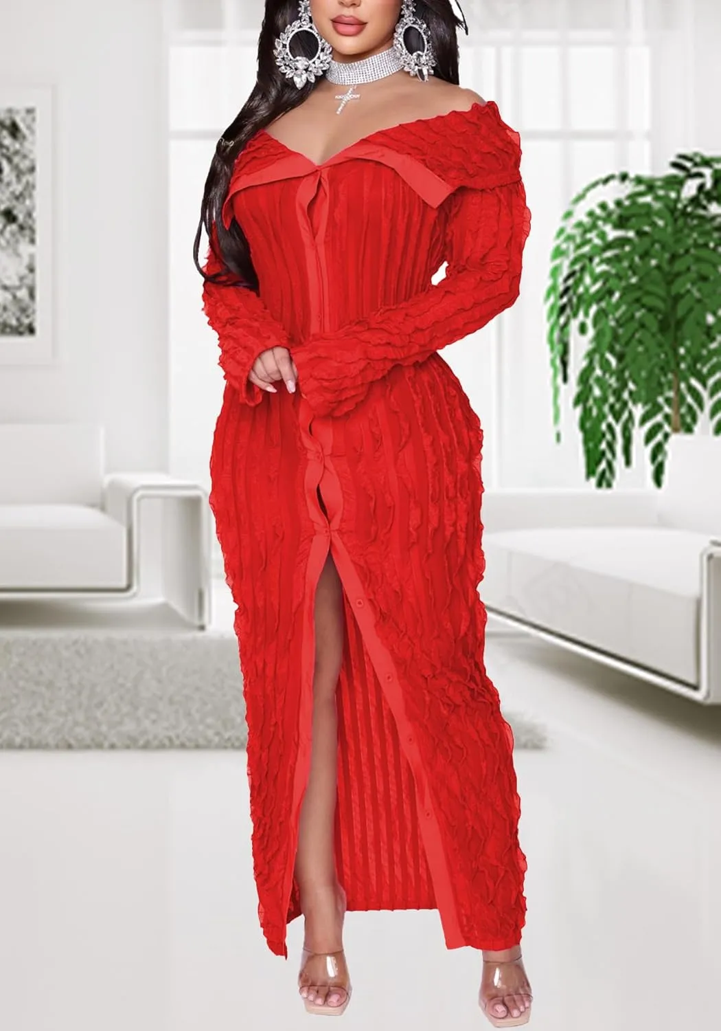LETSVDO Women's Maxi Off Shoulder Dress Long Sleeve Button Down Ruffle Mesh Bodycon Sexy Dresses Stretchy