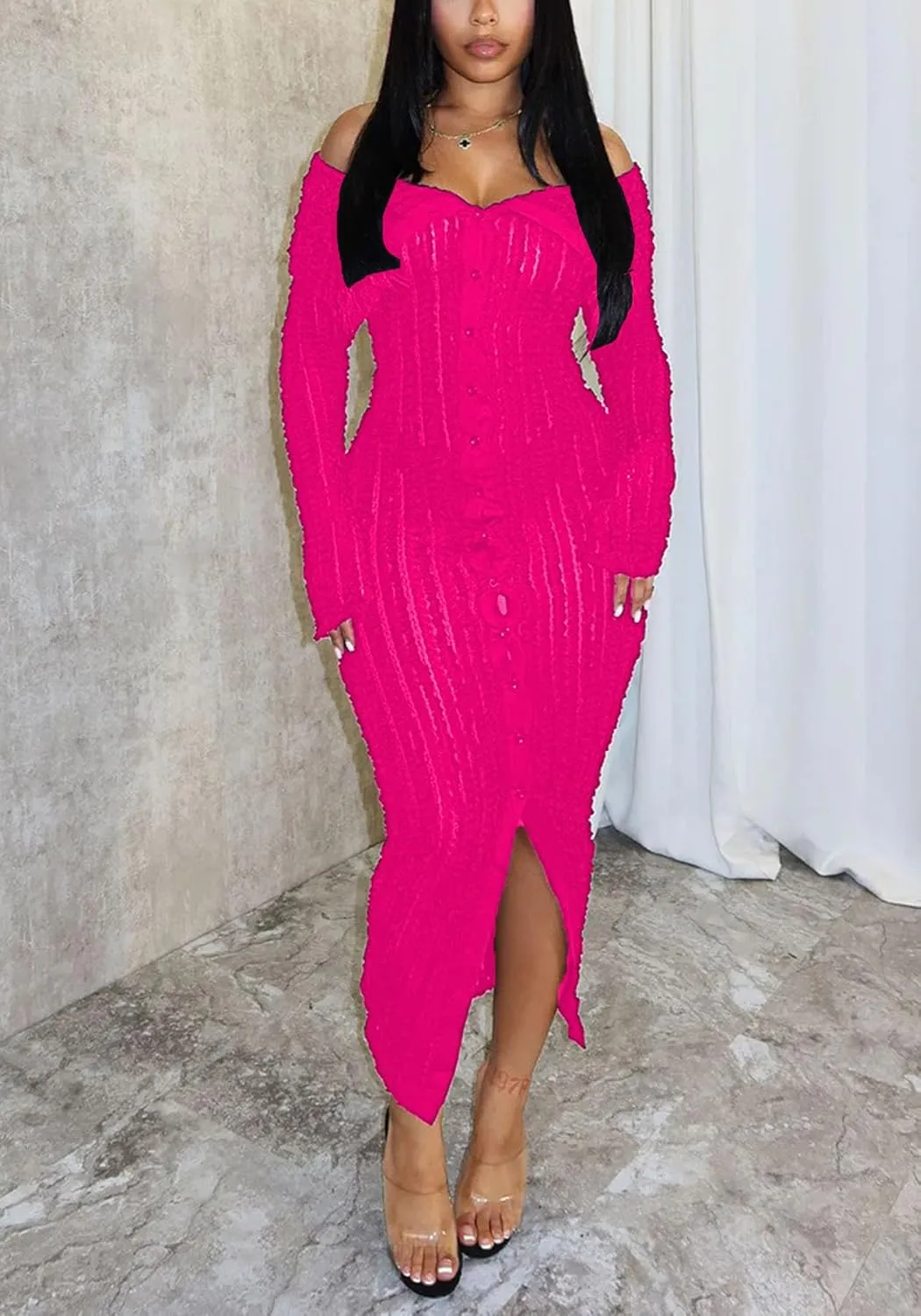 LETSVDO Women's Maxi Off Shoulder Dress Long Sleeve Button Down Ruffle Mesh Bodycon Sexy Dresses Stretchy