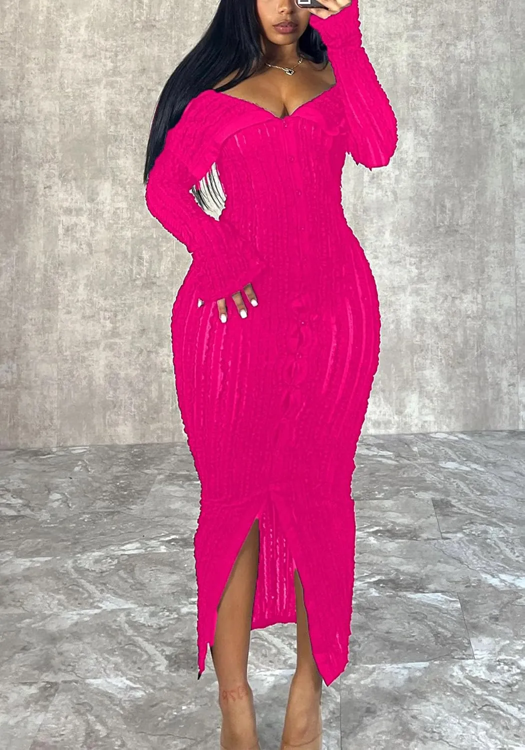 LETSVDO Women's Maxi Off Shoulder Dress Long Sleeve Button Down Ruffle Mesh Bodycon Sexy Dresses Stretchy