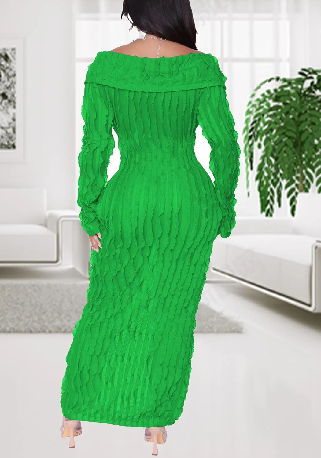 LETSVDO Women's Maxi Off Shoulder Dress Long Sleeve Button Down Ruffle Mesh Bodycon Sexy Dresses Stretchy