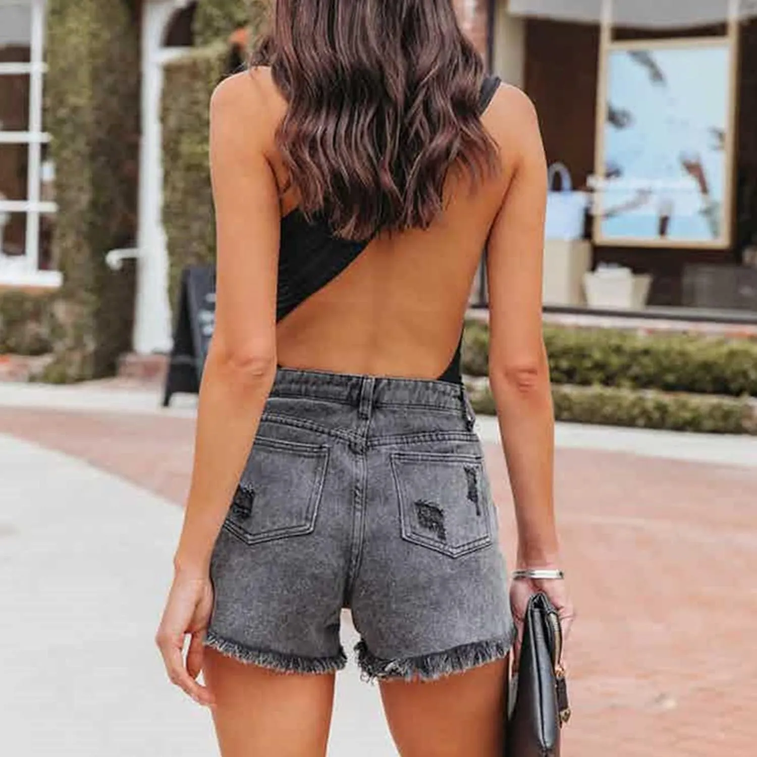 LifeShe Women Denim Short Mid Waist Frayed Raw Hem Rippped Rhinestone Tassel Jean Short