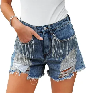 LifeShe Women Denim Short Mid Waist Frayed Raw Hem Rippped Rhinestone Tassel Jean Short
